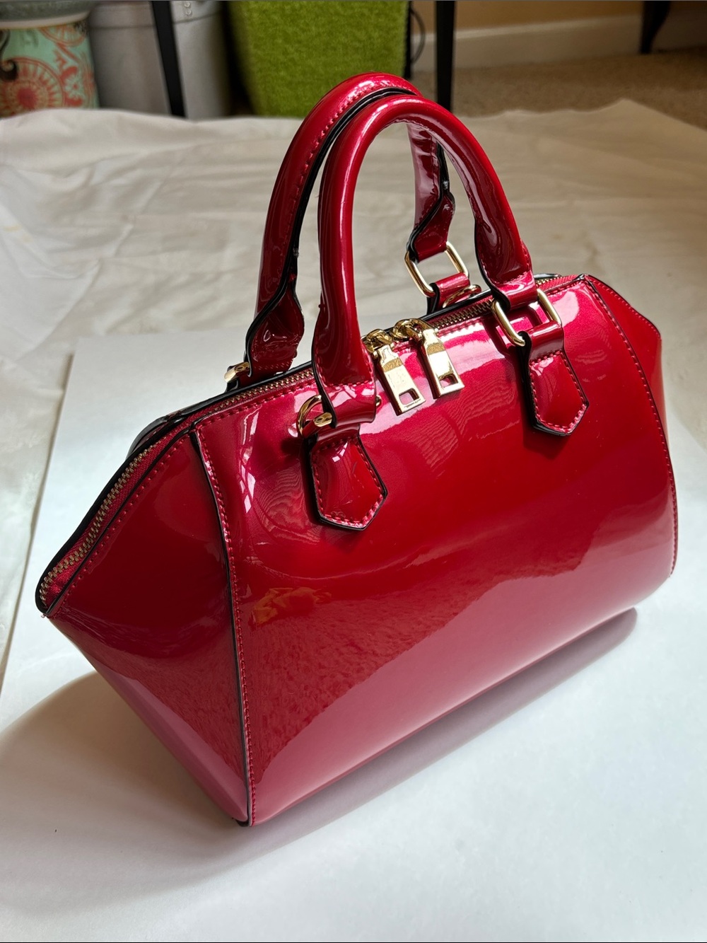 Glossy Red Patent Satchel Handbag - with gold hardware, crossbody strap